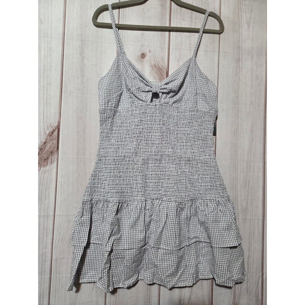 Wild‎ Fable Womens Gingham Smocked Tiered Mini Dress Grey White Size L NEW